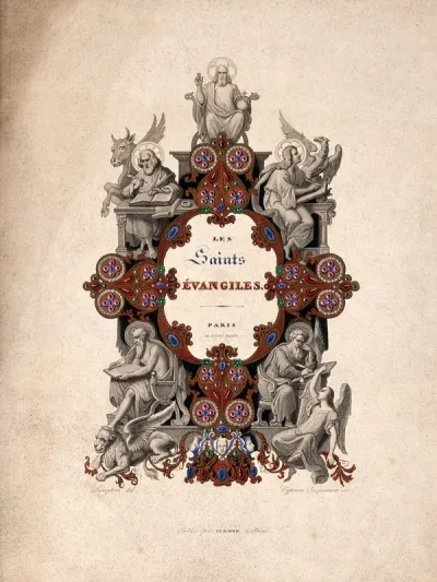 Saint Mark, Saint Luke, Saint John the Evangelist and Saint Matthew; above, Christ in majesty Coloured engraving by C