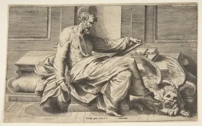 Saint Mark writing his Gospel, a winged lion at the right