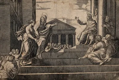 Saint Martha leading Saint Mary Magdalene up a staircase towards Jesus Christ seated in a temple