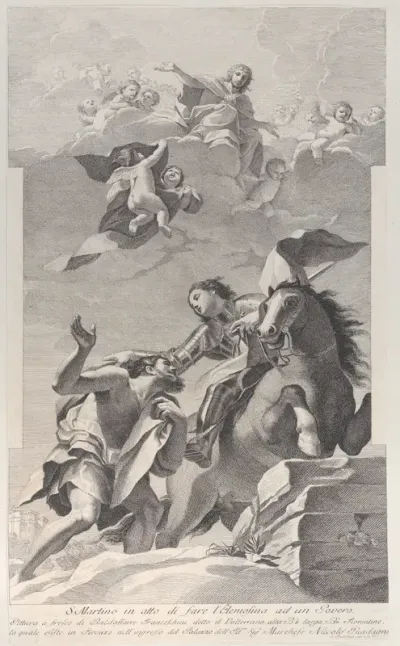 Saint Martin, on horseback, giving his cloak to a beggar, angels overhead