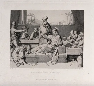 Saint Mary Magdalen anoints Christ's feet at the meal of Simon the Pharisee