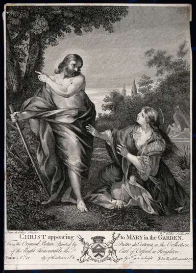 Saint Mary Magdalene reaches out for the risen Christ; he points away