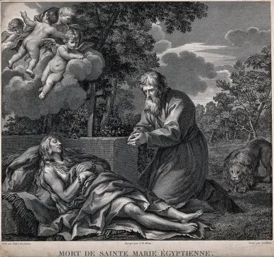 Saint Mary of Egypt: her dead body is discovered by Saint Zosimas and a lion
