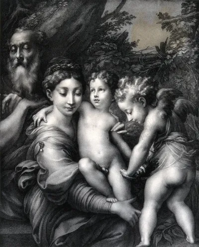 Saint Mary (the Blessed Virgin) and Saint Joseph with the Christ Child and an angel
