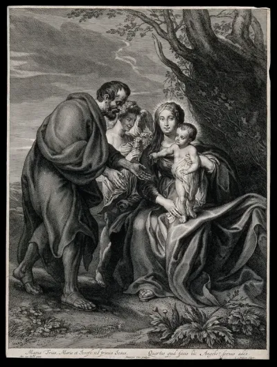 Saint Mary (the Blessed Virgin) and Saint Joseph with the Christ Child and an angel