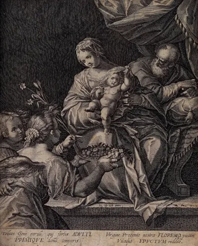 Saint Mary (the Blessed Virgin) and Saint Joseph with the Christ Child and angels