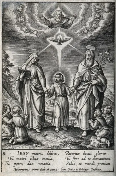 Saint Mary (the Blessed Virgin) and Saint Joseph with the Christ Child, receiving grace from God the Father and the Holy Ghost