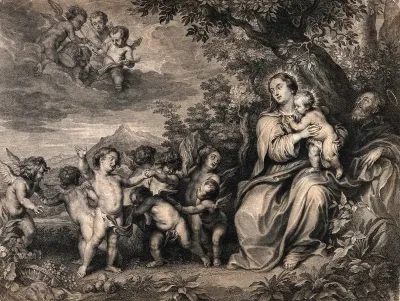 Saint Mary (the Blessed Virgin) and Saint Joseph with the Christ Child, Saint John the Baptist and angels