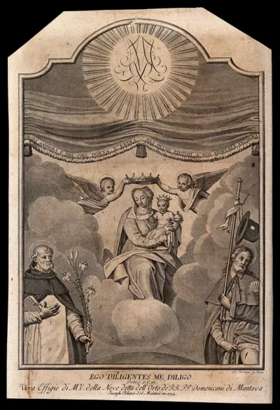 Saint Mary (the Blessed Virgin) being crowned by angels, with the Christ Child and Saint Dominic Guzman with Saint Roch