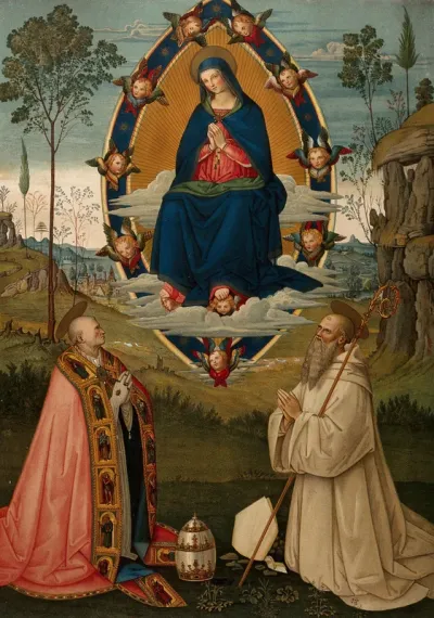 Saint Mary (the Blessed Virgin) in glory with Saint Gregory and Saint Benedict