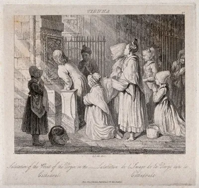 Saint Mary (the Blessed Virgin): people queuing in Vienna Cathedral to kiss the image of the Virgin