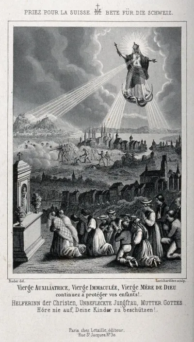 Saint Mary (the Blessed Virgin): she receives the prayers of the Swiss who ask for her help in ending the Sonderbund War (?)
