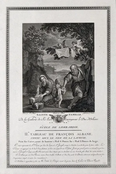 Saint Mary (the Blessed Virgin) washes clothes and passes the washed clothes to the Christ Child who gives them to Saint Joseph to hang on a tree to dry, with the assistance of angels