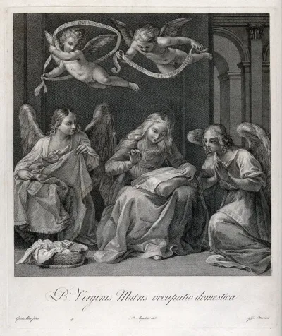 Saint Mary (the Blessed Virgin) with angels: she is sewing