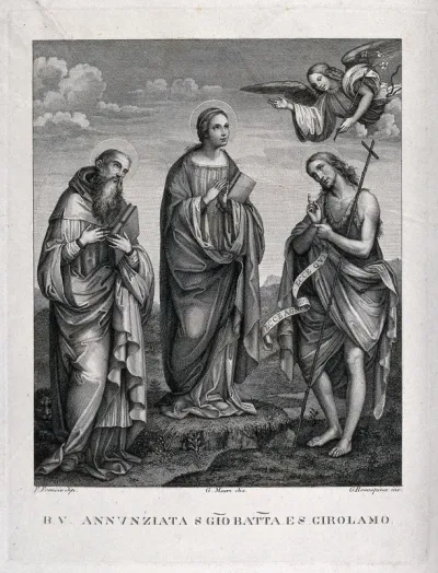 Saint Mary (the Blessed Virgin) with Saint John the Baptist, Saint Jerome and an angel