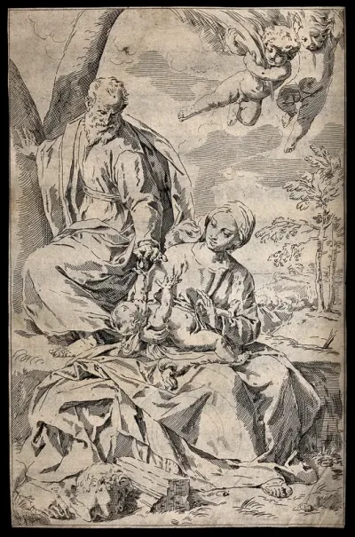 Saint Mary (the Blessed Virgin) with Saint Joseph and the Christ Child, in a rest on their flight into Egypt