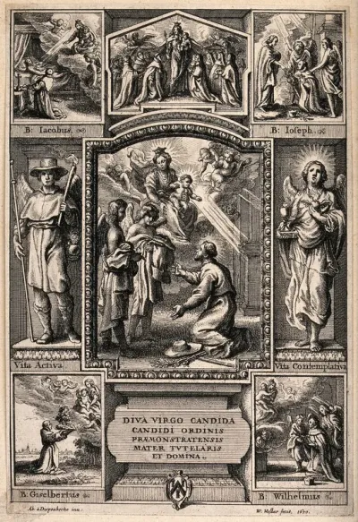 Saint Mary (the Blessed Virgin) with the Christ Child, a male donor and seven surrounding niches enclosing other figures
