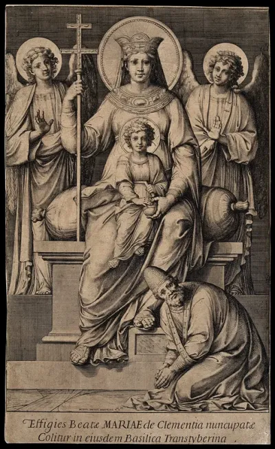 Saint Mary (the Blessed Virgin) with the Christ Child, an unidentified bishop saint and angels