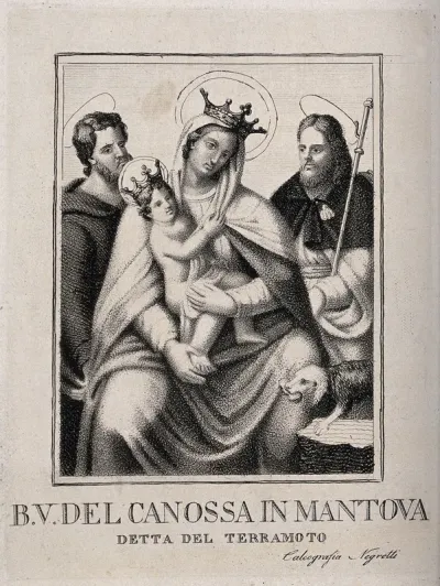 Saint Mary (the Blessed Virgin) with the Christ Child, an unidentified saint and Saint Roch, as protectors against earthquakes
