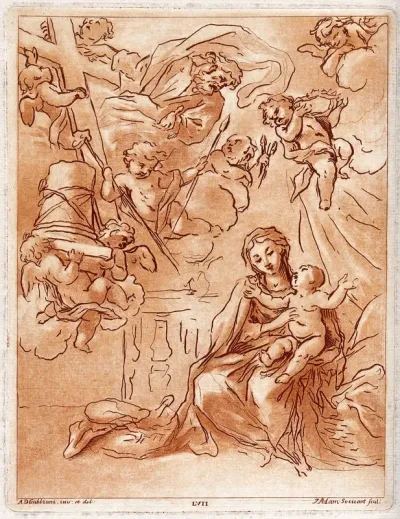 Saint Mary (the Blessed Virgin) with the Christ Child and a vision of the instruments of the Passion