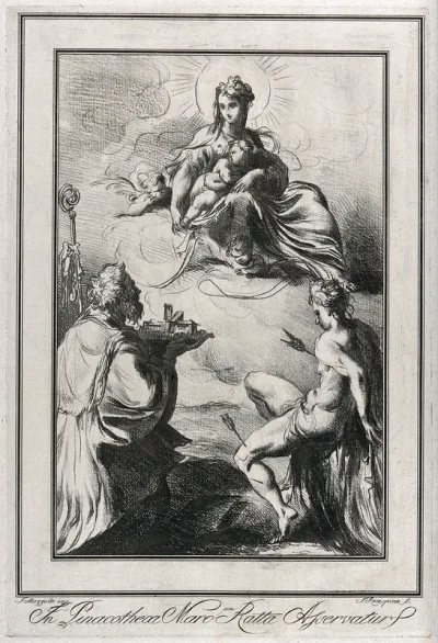 Saint Mary (the Blessed Virgin) with the Christ Child and angels, a bishop saint and Saint Sebastian