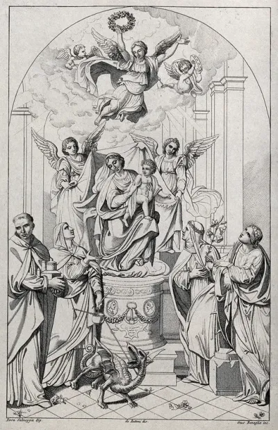 Saint Mary (the Blessed Virgin) with the Christ Child and angels, accompanied by Saint Margaret, Saint Adelaide (?), Saint Catherine, and other saints