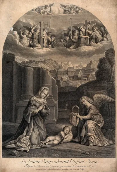 Saint Mary (the Blessed Virgin) with the Christ Child and angels holding instruments of the Passion