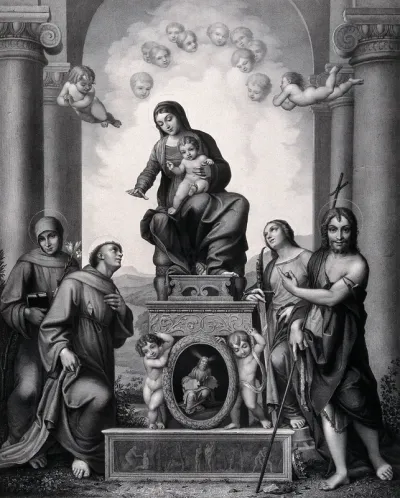 Saint Mary (the Blessed Virgin) with the Christ Child and Saint Antony of Padua, Saint Francis of Assisi, Saint Catherine of Alexandria, Saint John the Baptist and angels