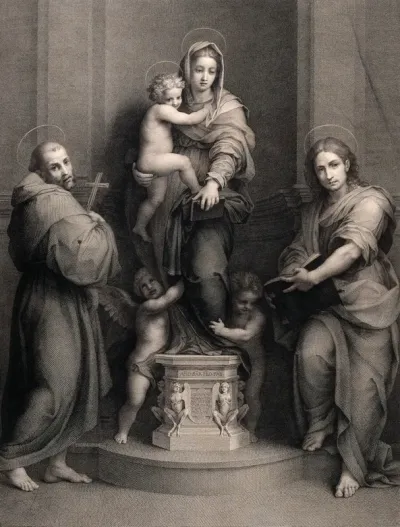 Saint Mary (the Blessed Virgin) with the Christ Child and Saint Francis of Assisi, Saint John the Evangelist and angels