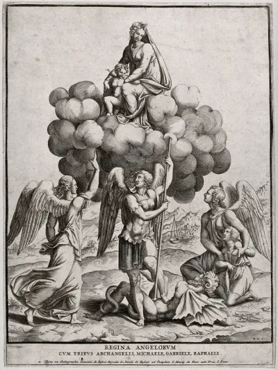 Saint Mary (the Blessed Virgin) with the Christ Child and Saint Gabriel the Archangel, Saint Michael the Archangel and Saint Raphael the Archangel