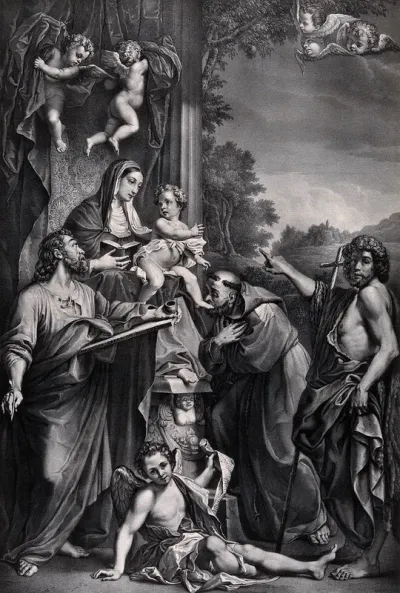 Saint Mary (the Blessed Virgin) with the Christ Child and Saint Matthew the Apostle, Saint Francis of Assisi, Saint John the Baptist and angels