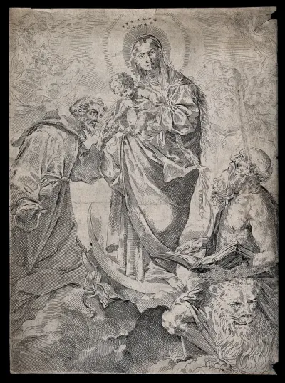 Saint Mary (the Blessed Virgin) with the Christ Child, Saint Jerome and Saint Francis of Assisi and angels