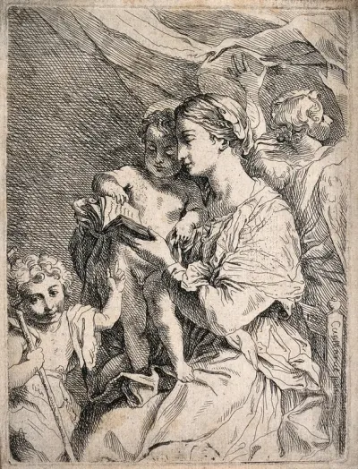 Saint Mary (the Blessed Virgin) with the Christ Child, Saint John the Baptist and an angel