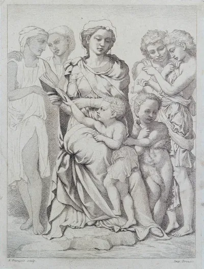 Saint Mary (the Blessed Virgin) with the Christ Child, Saint John the Baptist and angels