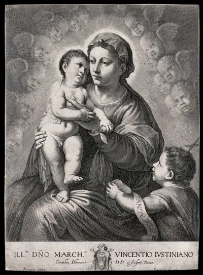Saint Mary (the Blessed Virgin) with the Christ Child, Saint John the Baptist and angels