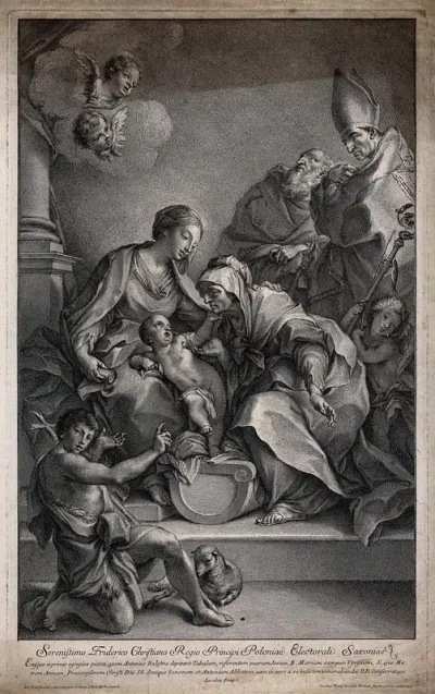 Saint Mary (the Blessed Virgin) with the Christ Child, Saint John the Baptist, Saint Antony the Great, Saint Elisabeth or Saint Anne, Saint Gregory the Great and an angel