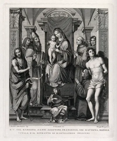 Saint Mary (the Blessed Virgin) with the Christ Child, Saint John the Baptist, Saint Augustine of Hippo, Saint Monica, Saint Francis of Assisi, Saint George, a donor, and Saint Sebastian