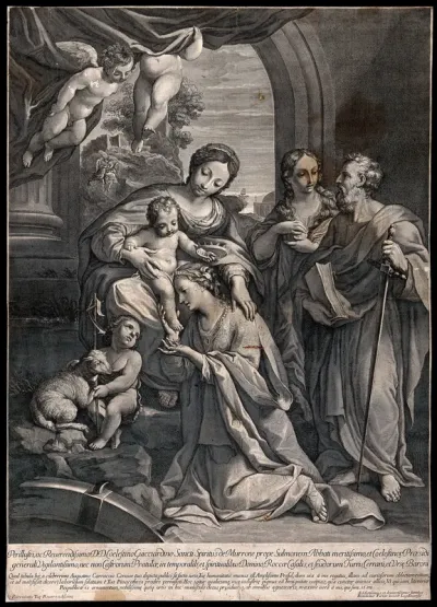Saint Mary (the Blessed Virgin) with the Christ Child, Saint John the Baptist, Saint Catherine of Alexandria, Saint Mary Magdalen, Saint Peter the Apostle and angels