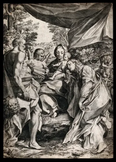 Saint Mary (the Blessed Virgin) with the Christ Child, Saint John the Baptist, Saint Jerome and Saint Mary Magdalen and an angel