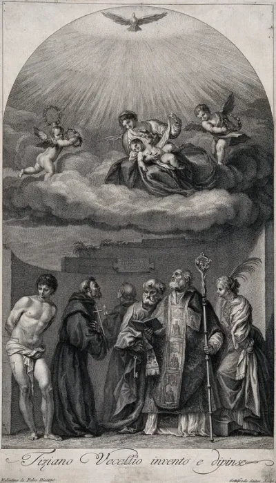 Saint Mary (the Blessed Virgin) with the Christ Child, Saint Sebastian, Saint Francis of Assisi, a Franciscan, Saint Peter the Apostle, Saint Augustine of Hippo and Saint Catherine of Alexandria