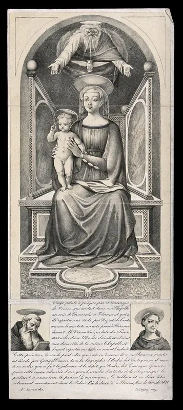 Saint Mary (the Blessed Virgin) with the Christ Child, with God and the Holy Ghost, and the heads of two monastic saints