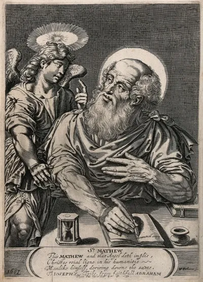 Saint Matthew, beginning to write his gospel