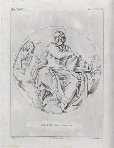 Saint Matthew. Etching by A. Mannelli after P. Guglielmi after C. Nebbia