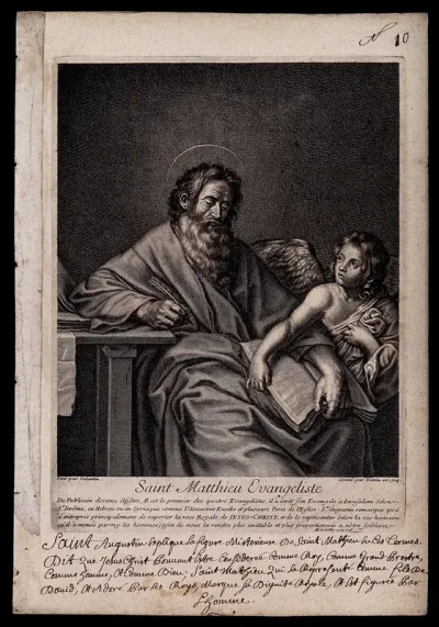 Saint Matthew. Line engraving by N. Bazin, 1704, after Valentin de Boulogne