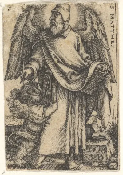 Saint Matthew with his head turned in profile to the left, a cherub at bottom left, plate 1 from "The Four Evangelists"
