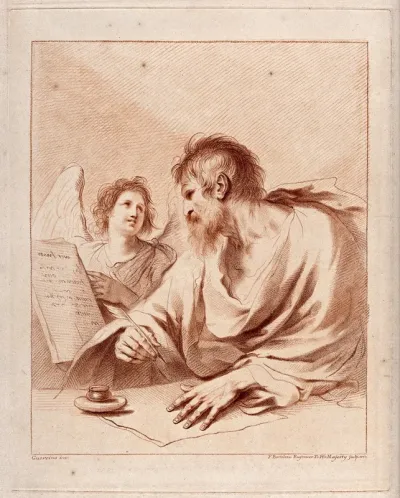 Saint Matthew: with the aid of an angel he writes his gospel
