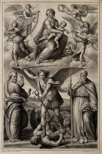 Saint Michael stands upon the defeated devil; Saint Peter and Saint Benedict flank him; above the Virgin and child sit among angelic musicians