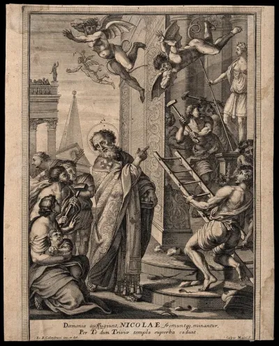 Saint Nicholas of Myra and Bari: devils flee the temple of Artemis at Myra as he orders the destruction of her statue