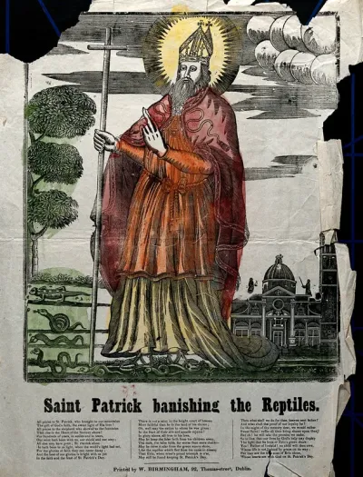 Saint Patrick banishing reptiles from Ireland