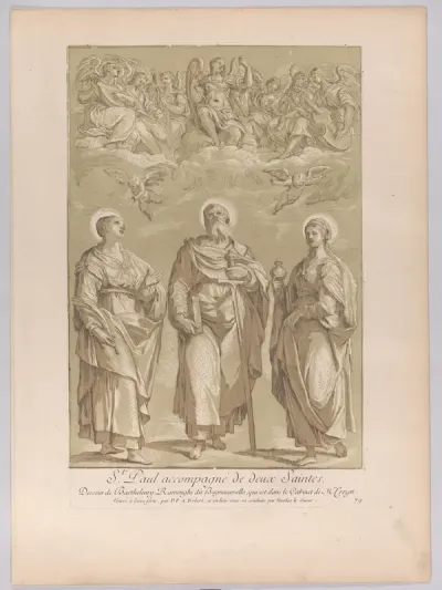 Saint Paul accompanied by two female saints with angels above